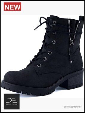 Vegan Nubuck Leather Lace-Up Side Zipper Combat Boots Memory Foam Insoles Faux